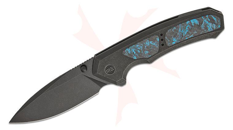 We Knife Company Corwyn Frame Lock Flipper Knife 3.7 inch M390 Black Stonewashed Drop Point Blade, Black Titanium Handles with Black & Blue Carbon Fiber Inlays