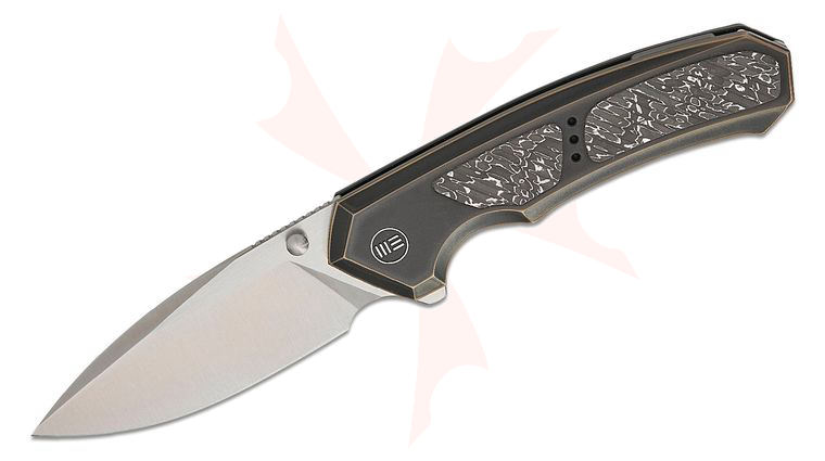 We Knife Company Corwyn Frame Lock Flipper Knife 3.7 inch M390 Satin Drop Point Blade, Bronze & Black Titanium Handles with Aluminum Foil Carbon Fiber Inlays