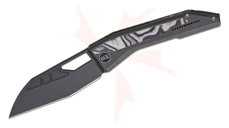 We Knife Company Robert Saniscalchi Inceptus Frame Lock Front Flipper Knife 3.57 inch M390 Gray Stonewashed Modified Wharncliffe Blade, Dark Gray Titanium Handles with White & Black G10 Inlays