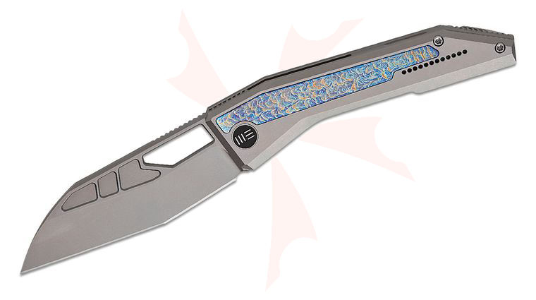 We Knife Company Robert Saniscalchi Inceptus Frame Lock Front Flipper Knife 3.57 inch M390 Stonewashed Modified Wharncliffe Blade, Gray Titanium Handles with Flamed Titanium Inlays