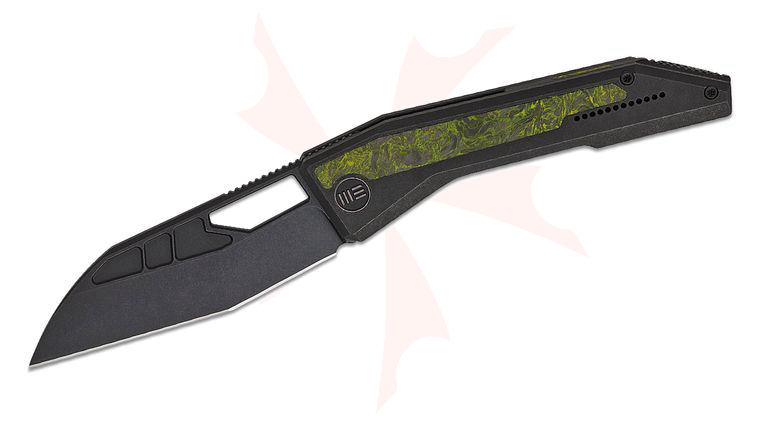 We Knife Company Robert Saniscalchi Inceptus Frame Lock Front Flipper Knife 3.57 inch M390 Black Stonewashed Modified Wharncliffe Blade, Black Titanium Handles with Green & Black Carbon Fiber Inlays