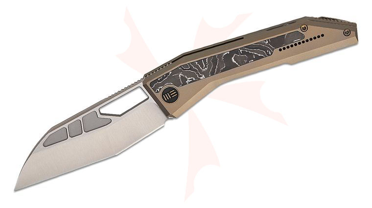 We Knife Company Robert Saniscalchi Inceptus Frame Lock Front Flipper Knife 3.57 inch M390 Satin Modified Wharncliffe Blade, Champagne Titanium Handles with Aluminum Foil Carbon Fiber Inlays