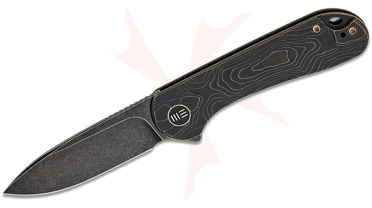 We Knife Company Elementum Frame Lock Flipper Knife 2.96 inch MagnaCut Black Stonewashed Drop Point Blade, Bronze/Black Topographic Machined Titanium Handles, Reversible Clip