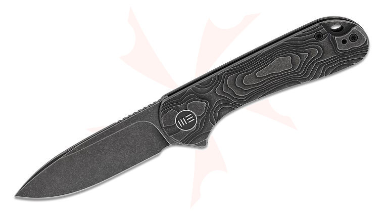 We Knife Company Elementum Frame Lock Flipper Knife 2.96 inch MagnaCut Black Stonewashed Drop Point Blade, Black Topographic Machined Titanium Handles, Reversible Clip