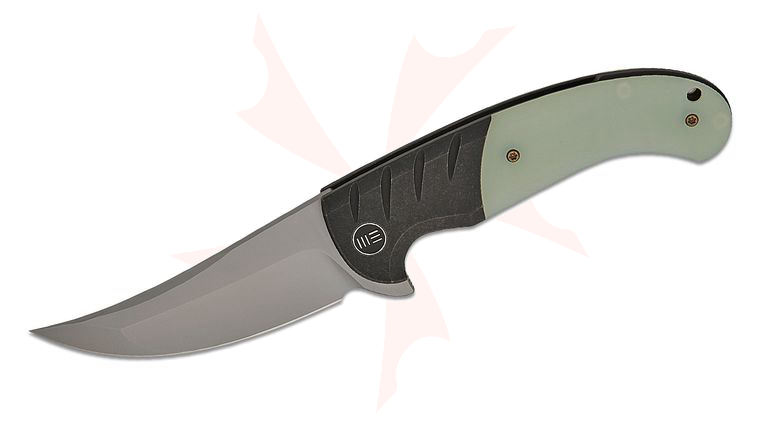 We Knife Company Eric Ochs Curvaceous Flipper Knife 3.7 inch CPM-20CV Bead Blasted Trailing Point Blade, Black Stonewashed Bolstered Titanium Handles with Natural (Jade) G10 Scales