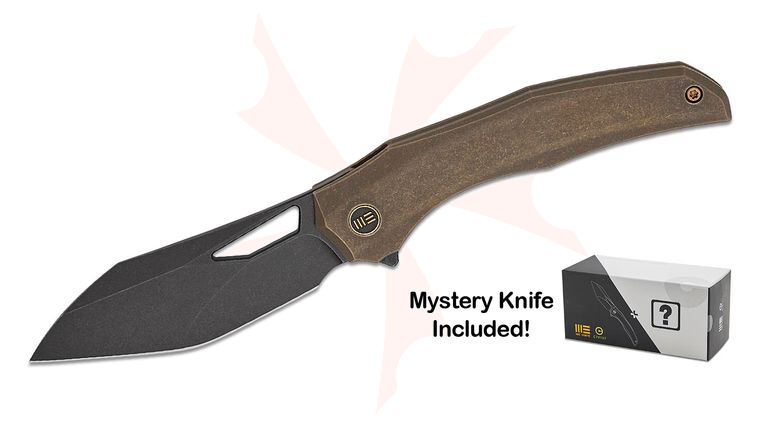 We Knife Company Toni Tietzel Ignio Mystery Box Frame Lock Flipper Knife 3.3 inch CPM-20CV Black Stonewashed Wharnto Wharncliffe/Tanto Blade, Bronze Contoured Titanium Handles with One Free Mystery WE Or CIVIVI Model