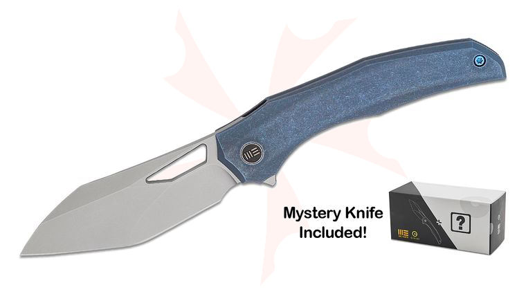 We Knife Company Toni Tietzel Ignio Mystery Box Frame Lock Flipper Knife 3.3 inch CPM-20CV Stonewashed Wharnto Wharncliffe/Tanto Blade, Blue Contoured Titanium Handles with One Free Mystery WE Or CIVIVI Model