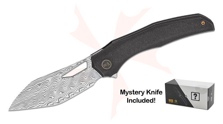 We Knife Company Toni Tietzel Ignio Mystery Box Frame Lock Flipper Knife 3.3 inch Hakkapella Damasteel Wharnto Wharncliffe/Tanto Blade, Black Contoured Titanium Handles, Timascus Clip with One Free Mystery WE Or CIVIVI Model