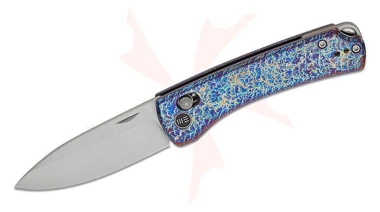 We Knife Company DBK Dutch Bushcraft Knives NightBlade Crossbar Lock Folding Knife 2.98 inch CPM-20CV Hand Rubbed Satin Drop Point Blade, Chidori Flamed Titanium Handles, Reversible Clip