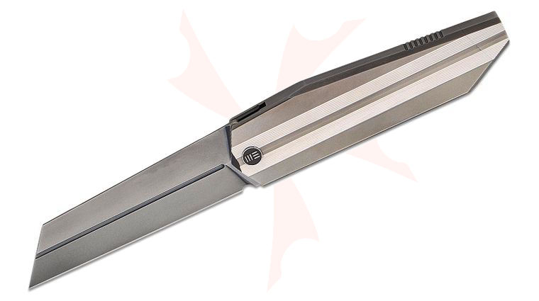 We Knife Company Collinear Frame Lock Flipper Knife 3.67 inch M390 Polished Gray Reverse Tanto Blade, Polished Gray and Satin Titanium Handles