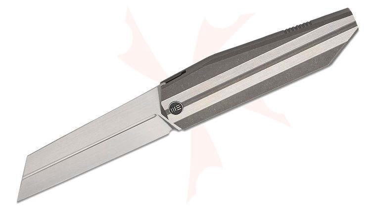 We Knife Company Collinear Frame Lock Flipper Knife 3.67 inch M390 Hand Rubbed Satin Reverse Tanto Blade, Gray Titanium Handles