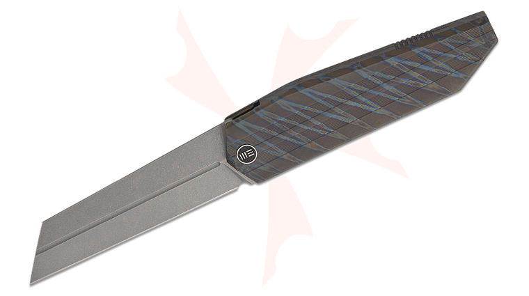 We Knife Company Collinear Frame Lock Flipper Knife 3.67 inch M390 Gray Stonewashed Reverse Tanto Blade, Tiger Stripe Flamed Titanium Handles