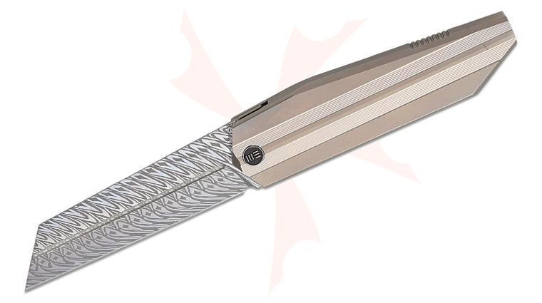 We Knife Company Collinear Frame Lock Flipper Knife 3.67 inch Fafnir Damasteel Reverse Tanto Blade, Polished Bead Blasted and Satin Titanium Handles