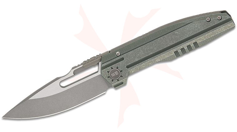 We Knife Company Limited Edition Reveille Frame Lock Folding Knife 3.83 inch M390 Gray Stonewashed Two-Tone Drop Point Blade, Olive Gray Machined Titanium Handles