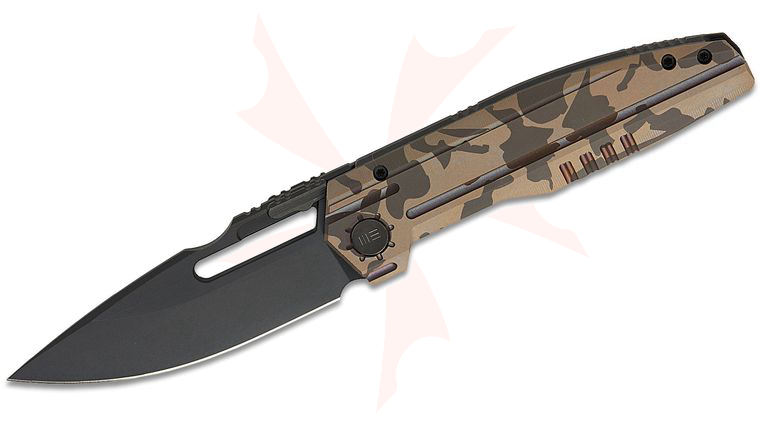 We Knife Company Limited Edition Reveille Frame Lock Folding Knife 3.83 inch M390 Black Two-Tone Drop Point Blade, Desert Terrain Camo Machined Titanium Handles