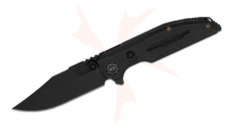 We Knife Company Limited Edition Muster Frame Lock Flipper Knife 3.83 inch M390 Black Stonewashed Clip Point Blade, Black Machined Titanium Handles with Copper Star