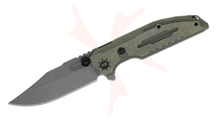 We Knife Company Limited Edition Muster Frame Lock Flipper Knife 3.83 inch M390 Gray Stonewashed Clip Point Blade, Olive Gray Machined Titanium Handles with Copper Star