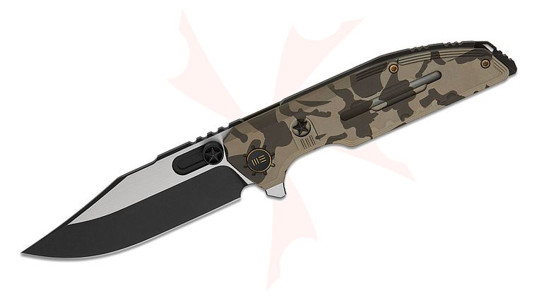 We Knife Company Limited Edition Muster Frame Lock Flipper Knife 3.83 inch M390 Black Stonewashed Two-Tone Clip Point Blade, Desert Terrain Machined Titanium Handles with Copper Star
