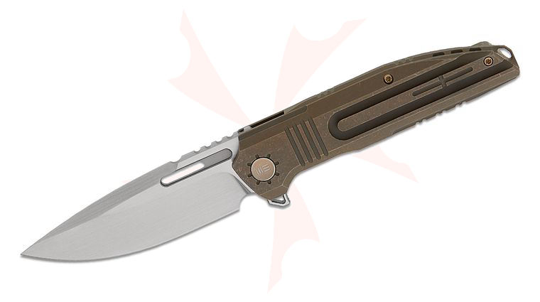 We Knife Company Limited Edition Tracks Frame Lock Flipper Knife 3.88 inch M390 Hand Rubbed Satin Drop Point Blade, Bronze Machined Titanium Handles