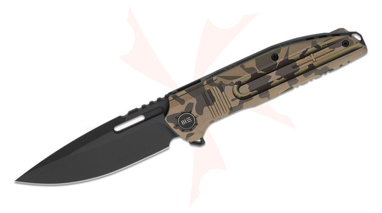 We Knife Company Limited Edition Tracks Frame Lock Flipper Knife 3.88 inch M390 Black Two-Tone Drop Point Blade, Desert Terrain Machined Titanium Handles