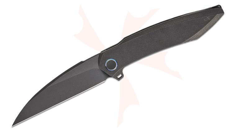 We Knife Company Fluxor Nested Liner Lock Flipper Knife 3.98 inch M390 Black Wharncliffe Blade, Black Machined Titanium Handles