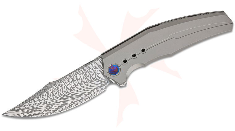 We Knife Company Kyklos Frame Lock Flipper Knife 3.79 inch Fafnir Damasteel Harpoon Drop Point Blade, Gray Milled Titanium Handles, Timascus Pivot