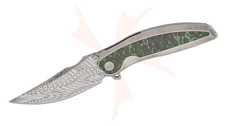We Knife Company Quinseris Nested Frame Lock Flipper Knife 3.96 inch Fafnir Damasteel Clip Point Blade, Crystalized Silver Titanium Handles with Jungle Wear FatCarbon Inlays