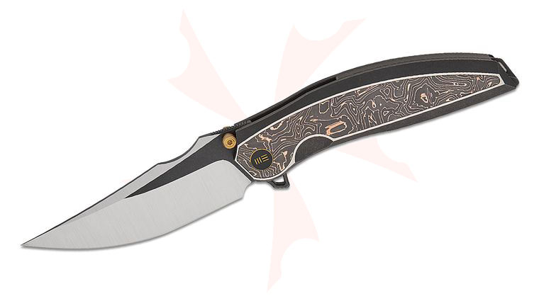 We Knife Company Quinseris Nested Frame Lock Flipper Knife 3.96 inch M390 Two-Tone Clip Point Blade, Black Titanium Handles with Copper Foil Carbon Fiber Inlays