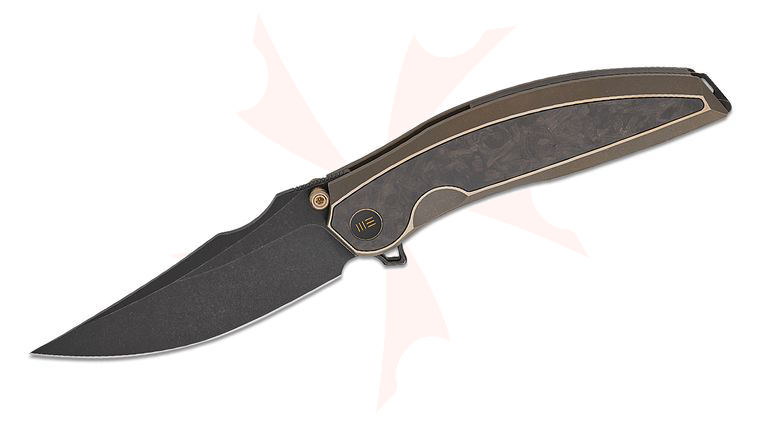 We Knife Company Quinseris Nested Frame Lock Flipper Knife 3.96 inch M390 Black Stonewashed Clip Point Blade, Bronze Titanium Handles with Shredded Carbon Fiber Inlays