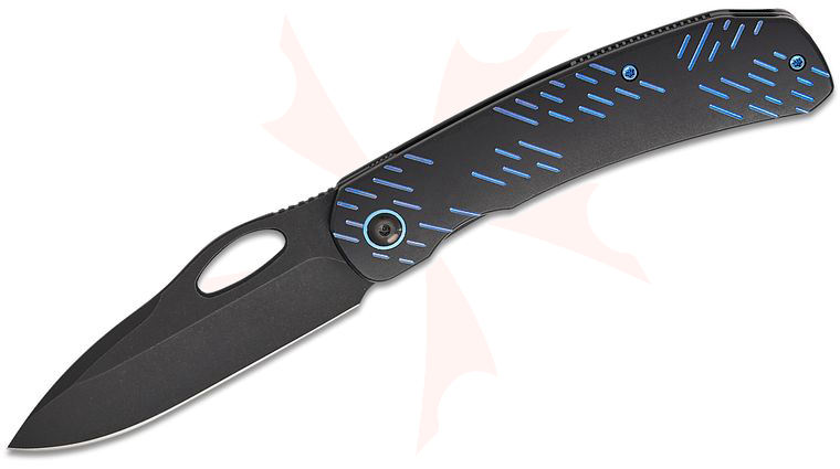 We Knife Company Inmate Front Flipper Knife 3.7 inch CPM-20CV Black Stonewashed Spear Point Blade, Black Titanium Handles with Blue Raindrops