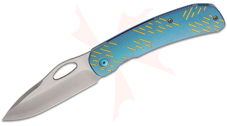 We Knife Company Inmate Front Flipper Knife 3.7 inch CPM-20CV Stonewashed Spear Point Blade, Blue Titanium Handles with Gold Raindrops