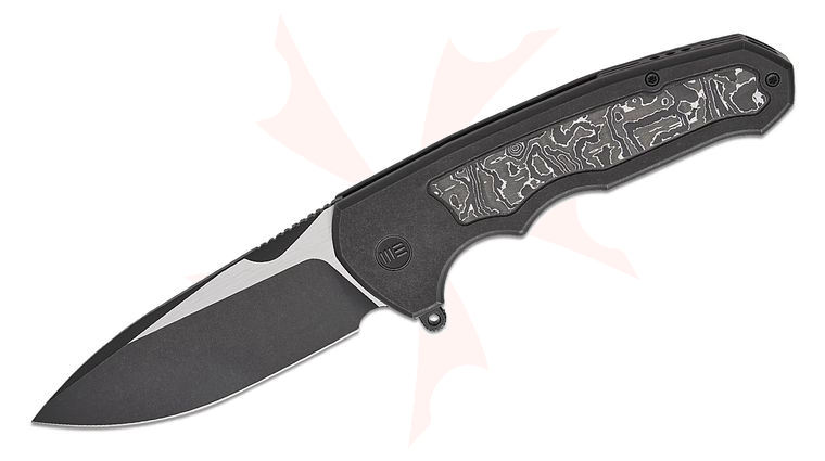 We Knife Company Starlash Flip Press Lock Flipper Knife 3.97 inch M390 Black Stonewashed Two-Tone Drop Point Blade, Black Titanium Handles with Aluminum Foil Carbon Fiber Inlays