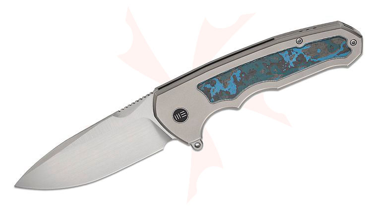 We Knife Company Starlash Flip Press Lock Flipper Knife 3.97 inch M390 Hand Rubbed Satin Drop Point Blade, Polished Bead Blasted Titanium Handles with Arctic Storm FatCarbon Inlays