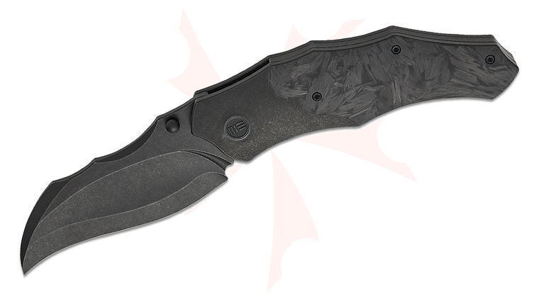 We Knife Company Grant Chambers Orc Boss Liner Lock Folding Knife 3.82 inch CPM-20CV Black Stonewashed Compound Hawkbill Blade, Black Bolstered Titanium Handles with Shredded Carbon Fiber Scales