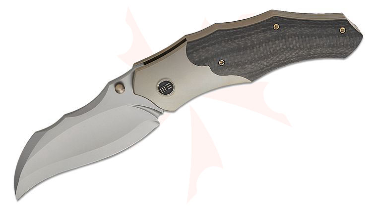 We Knife Company Grant Chambers Orc Boss Liner Lock Folding Knife 3.82 inch CPM-20CV Stonewashed Compound Hawkbill Blade, Champagne Bolstered Titanium Handles with Twill Carbon Fiber Scales
