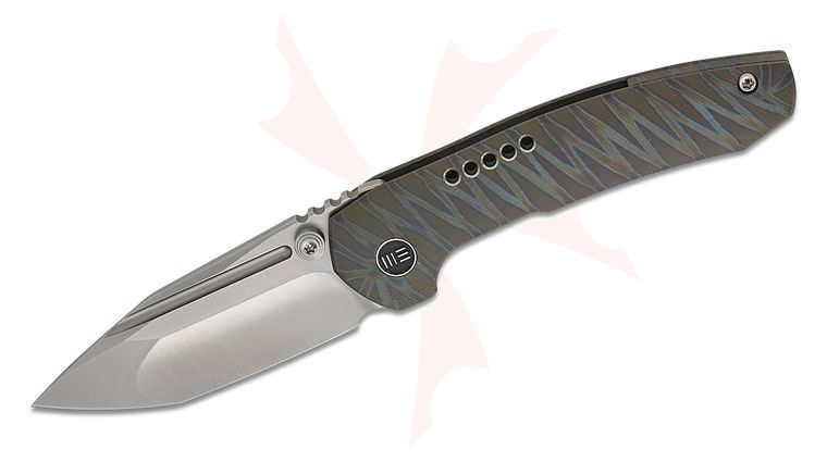 We Knife Company Brian Brown Micro Trogon Folding Knife 2.68 inch M390 Satin Spear Point Tanto Blade with Fuller, Tiger Stripe Flamed Titanium Handles