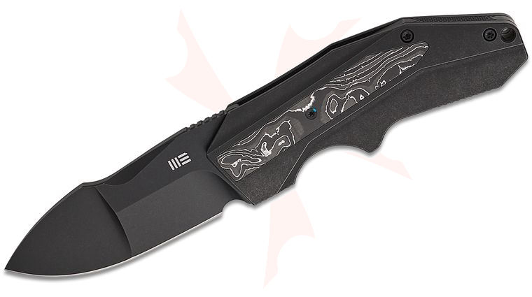 We Knife Company GTC Coral SLT Frame Lock Flipper Knife 2.95 inch CPM-20CV Black Stonewashed Compound Spear Point Blade, Black Titanium Handles with Aluminum Foil Carbon Fiber Inlays