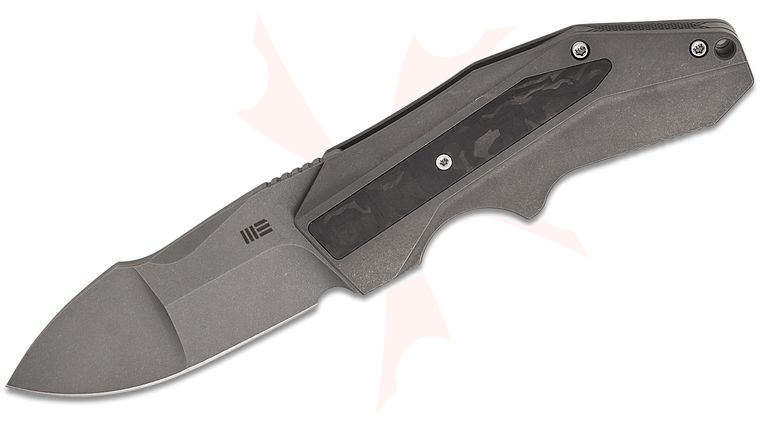 We Knife Company GTC Coral SLT Frame Lock Flipper Knife 2.95 inch CPM-20CV Gray Stonewashed Compound Spear Point Blade, Gray Titanium Handles with Marble Carbon Fiber Inlays