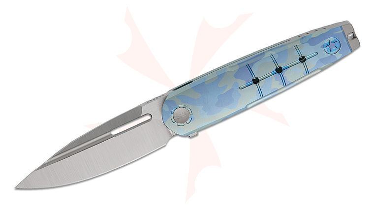 We Knife Company Limited Edition Hull Nested Liner Lock Flipper Knife 3.89 inch M390 Hand Polished Satin Drop Point Blade, Blue Terrain Camo Machined Titanium Handles