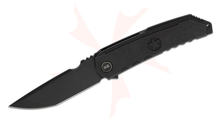 We Knife Company Limited Edition Capstan Frame Lock Flipper Knife 3.91 inch M390 Black Stonewashed Modified Tanto Blade, Black Machined Titanium Handles