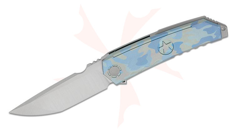 We Knife Company Limited Edition Capstan Frame Lock Flipper Knife 3.91 inch M390 Hand Polished Satin Modified Tanto Blade, Blue Terrain Machined Titanium Handles