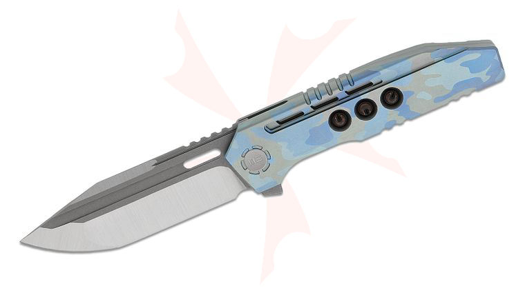 We Knife Company Limited Edition Gunwale Frame Lock Flipper Knife 3.87 inch M390 Two-Tone Compound Tanto Blade, Blue Terrain Machined Titanium Handles with Copper Inlays
