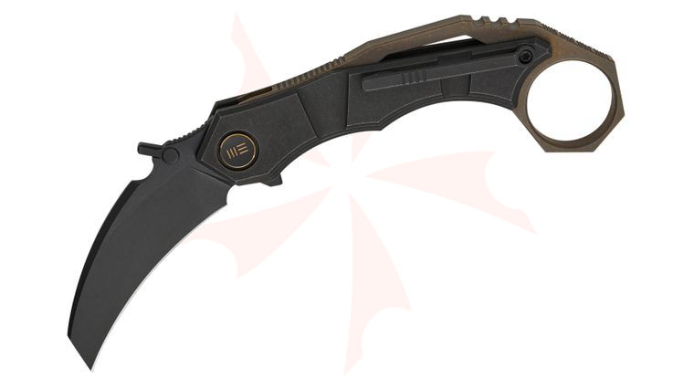 We Knife Company Tayra Frame Lock Flipper Knife 2.19 inch M390 Black Two-Tone Hawkbill Blade, Black Titanium Handles with Pinky Ring, Reversible Clip