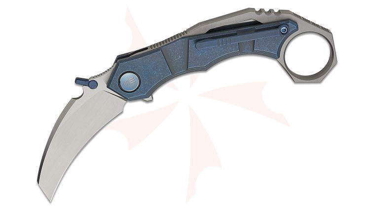 We Knife Company Tayra Frame Lock Flipper Knife 2.19 inch M390 Hand Rubbed Satin Hawkbill Blade, Blue Titanium Handles with Pinky Ring, Reversible Clip