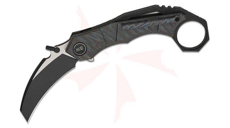 We Knife Company Tayra Frame Lock Flipper Knife 2.19 inch M390 Two-Tone Hawkbill Blade, Tiger Stripe Flamed Titanium Handles with Pinky Ring, Reversible Clip