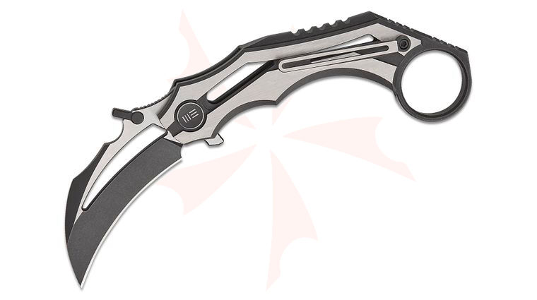 We Knife Company Cryonix Nested Liner Lock Karambit Flipper Knife 2.03 inch M390 Black Stonewashed & Satin Hawkbill Blade with Wave, Black & Satin Machined Titanium Handles, Reversible Clip