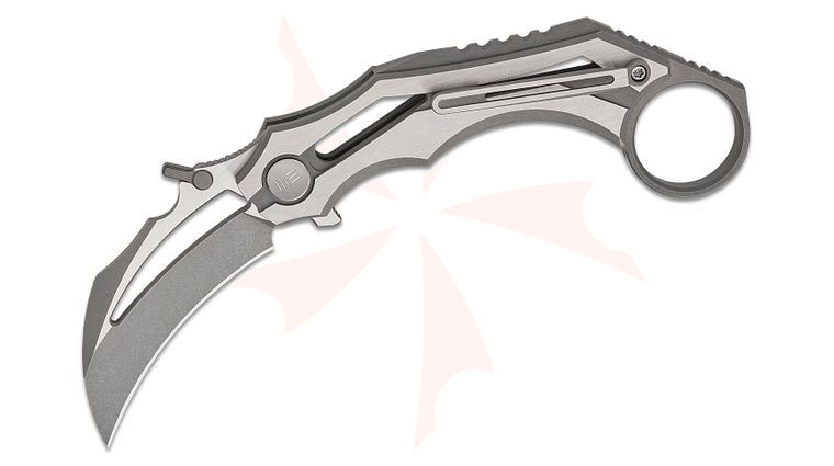 We Knife Company Cryonix Nested Liner Lock Karambit Flipper Knife 2.03 inch M390 Gray Stonewashed & Satin Hawkbill Blade with Wave, Gray & Satin Machined Titanium Handles, Reversible Clip