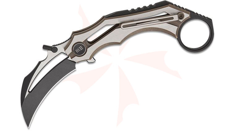 We Knife Company Cryonix Nested Liner Lock Karambit Flipper Knife 2.03 inch M390 Black Stonewashed & Satin Hawkbill Blade with Wave, Bronze & Satin Machined Titanium Handles, Reversible Clip