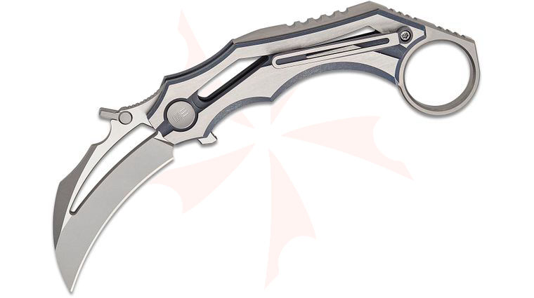 We Knife Company Cryonix Nested Liner Lock Karambit Flipper Knife 2.03 inch M390 Stonewashed & Satin Hawkbill Blade with Wave, Blue & Satin Machined Titanium Handles, Reversible Clip
