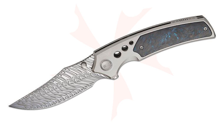 We Knife Company Skynix Bolster Lock Flipper Knife 3.7 inch Fafnir Damasteel Clip Point Blade, Gray Bolstered Titanium Handles with Black & Blue Carbon Fiber Inlays